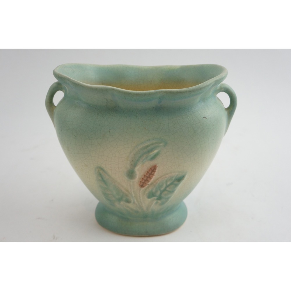 Hull Calla Lily Vase Pottery 237 Turquoise Blue Floral Double Handle 6" VGC